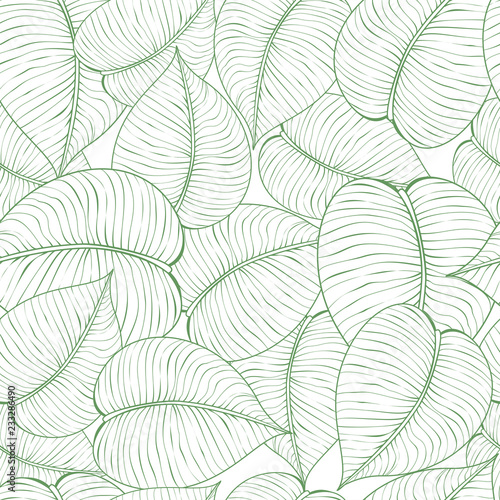 Vector illustration of seamless green leaf pattern. Abstract floral background with leaves, line style pattern, floral design.