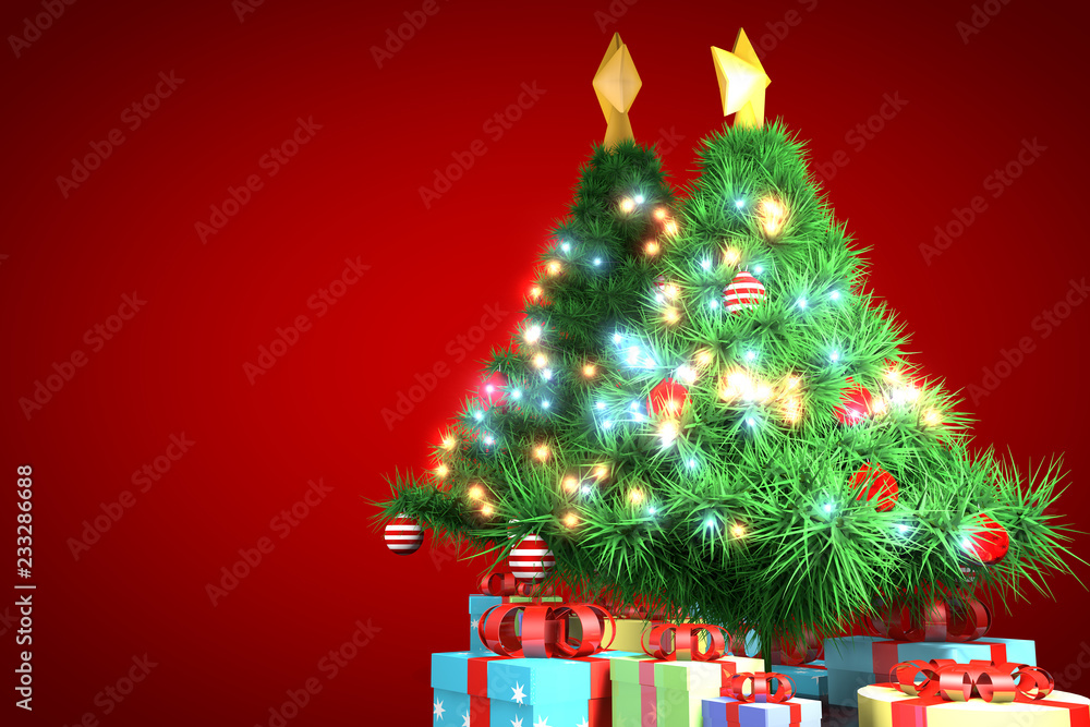 3d rendering, christmas tree with red background 3d rendering, christmas tree with red background
