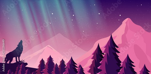 Vector illustration of beautiful northern lights in night sky over the mountains. View of the forest, wolf in the mountains.