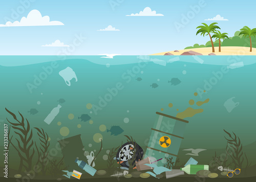 Vector illustration of ocean water full of dangerous waste at the bottom. Eco, water pollution concept. Garbage in the water, flat style.
