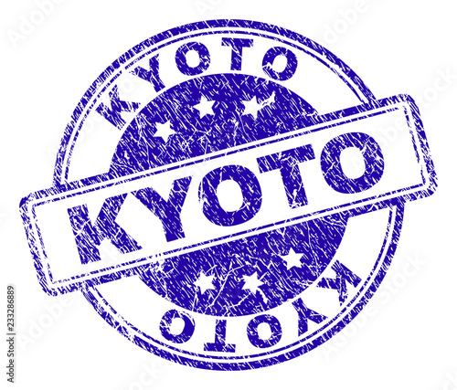 KYOTO stamp seal watermark with distress texture. Designed with rounded rectangles and circles. Blue vector rubber print of KYOTO label with grunge texture.