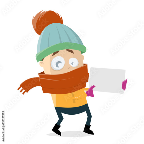 funny cartoon man in winter clothes holding empty sign