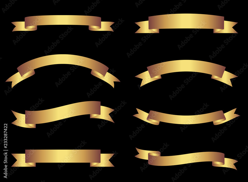 Gold vector ribbons and banners on black background, golden graphic design elements for brochures and websites