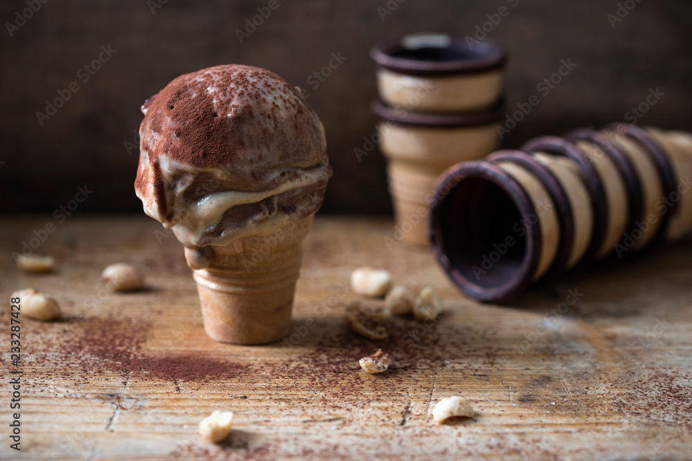 Frozen banana ice cream flavoured with peanut butter and cocoa powder (vegan) Stock Photo