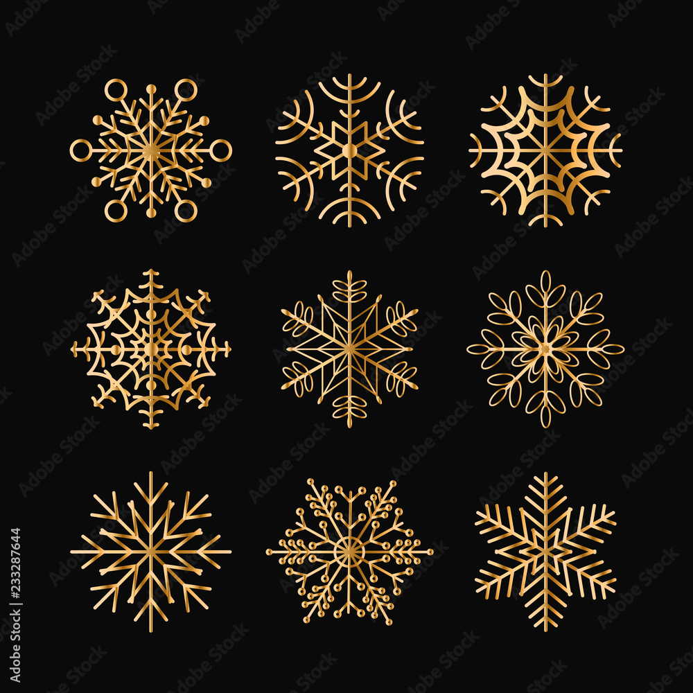 Vector illustration set of golden snowflakes isolated on black background. Christmas snowflakes icons collection for your design. Vector illustration set of golden snowflakes isolated on black background. Christmas snowflakes icons collection for your design.