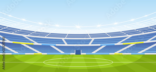 Vector illustration of empty sports stadium with lights in flat cartoon style.