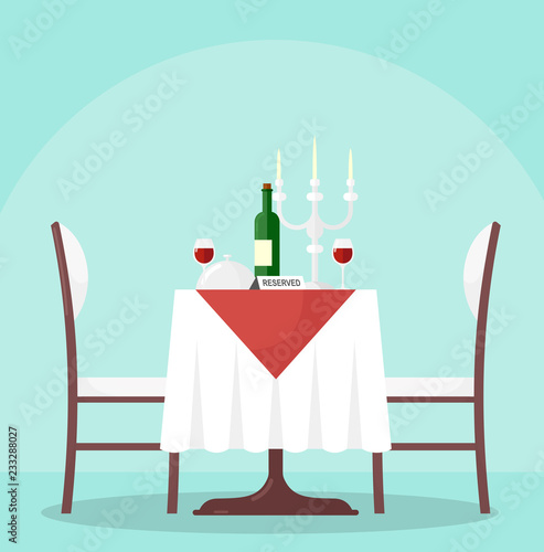 Vector illustration of table in restaurant with bottle and glasses of wine. Reserved table in modern cafe, with tablecloth and candles, chairs in cartoon flat style.