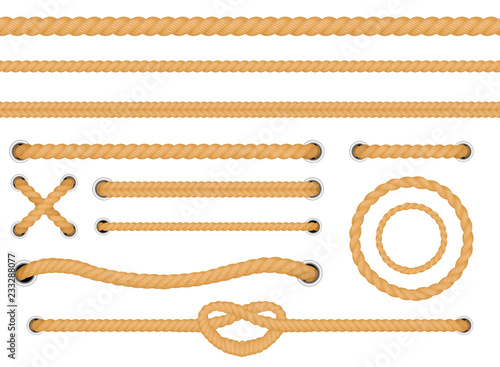Vector illustration set of realistic seamless treads and twisted rope knots isolated on white background. Decorative elements for retro and vintage design.