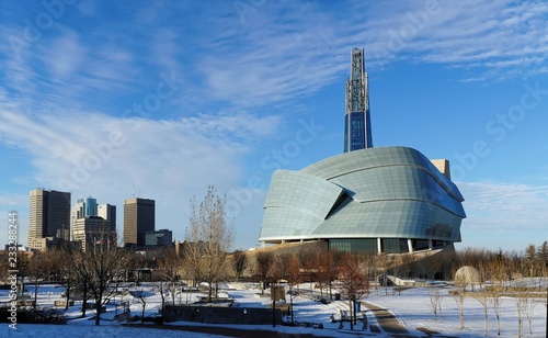 Winnipeg downtown cityscape. Winter view on Canadian Museum for Human Rights seen from The Forks park. Winnipeg, Manitoba, Canada photo