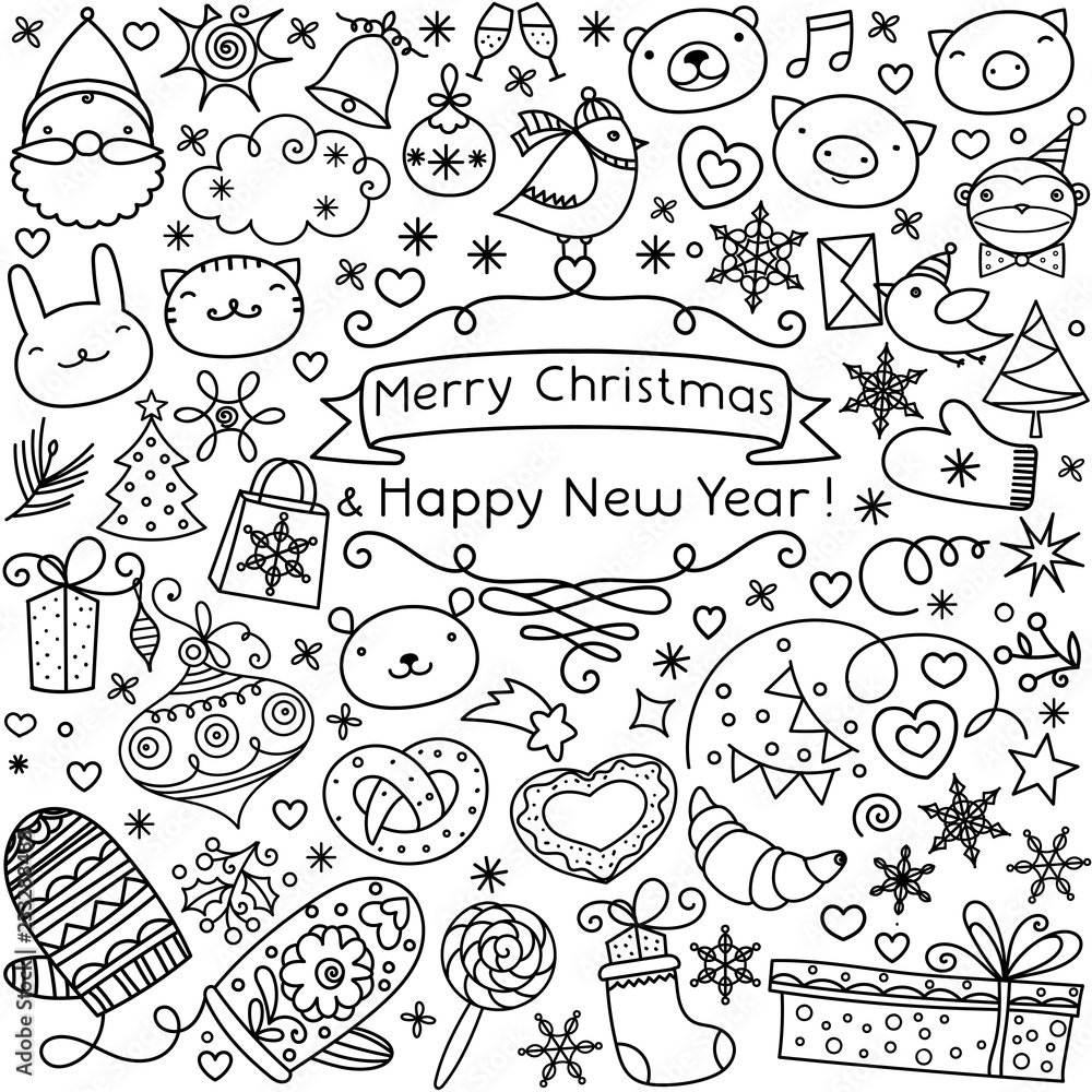 Christmas greeting symbols. New year ans Xmas hand lettered best wishes sign. Vector seasonal icons collection.