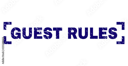GUEST RULES text seal print with grunge style. Text title is placed inside corners. Blue vector rubber print of GUEST RULES with unclean texture.