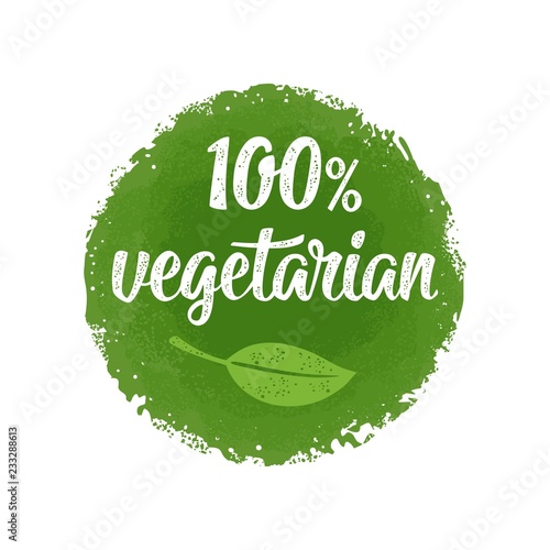 100 vegetarian lettering with leaf. Vector vintage green circle sticker