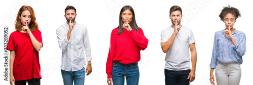 Collage of group chinese, indian, hispanic people over isolated background asking to be quiet with finger on lips. Silence and secret concept.