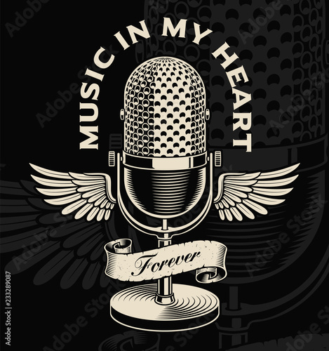 Vintage microphone with wings and ribbon in tattoo style