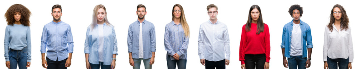 Composition of african american, hispanic and caucasian group of people over isolated white background with serious expression on face. Simple and natural looking at the camera.