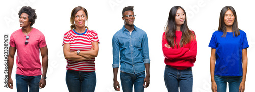 Composition of african american, hispanic and chinese group of people over isolated white background smiling looking side and staring away thinking.