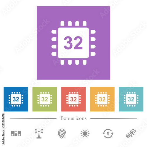 Microprocessor 32 bit architecture flat white icons in square backgrounds