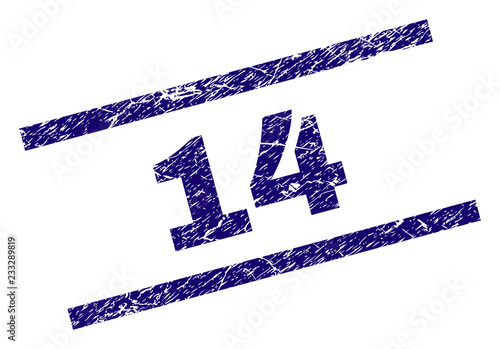 14 seal print with scratced style. Blue vector rubber print of 14 label with unclean texture. Text label is placed between parallel lines.