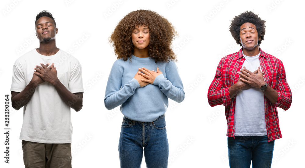 Collage of african american group of people over isolated background smiling with hands on chest with closed eyes and grateful gesture on face. Health concept. Collage of african american group of people over isolated background smiling with hands on chest with closed eyes and grateful gesture on face. Health concept.