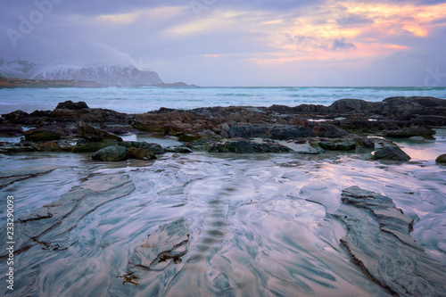 Skagsanden beach on sunset, Lofoten islands, Norway