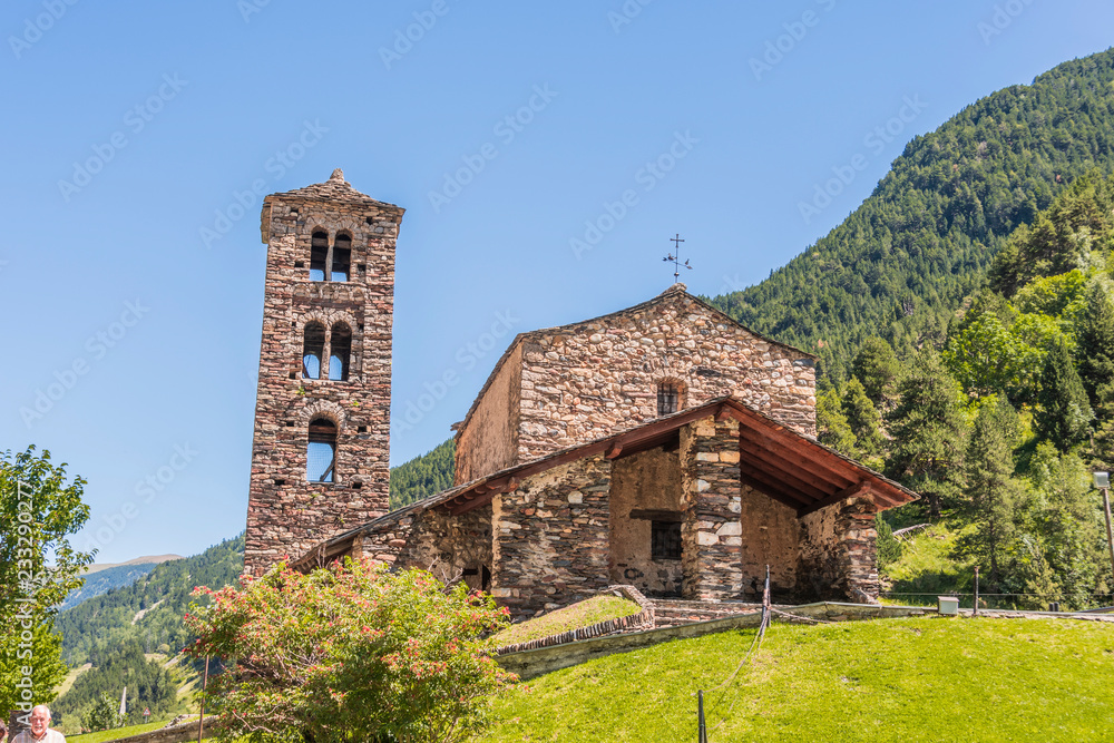 Facade of stone church in the Pyrenees. Andorra Europe