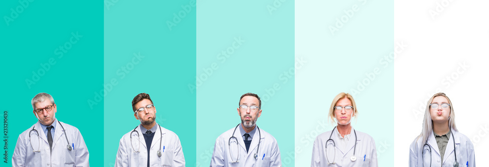 Fototapeta premium Collage of group of doctor people wearing stethoscope over colorful isolated background puffing cheeks with funny face. Mouth inflated with air, crazy expression.