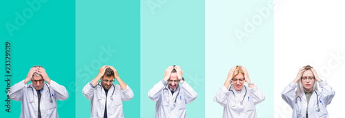 Obraz na plátně Collage of group of doctor people wearing stethoscope over colorful isolated background suffering from headache desperate and stressed because pain and migraine