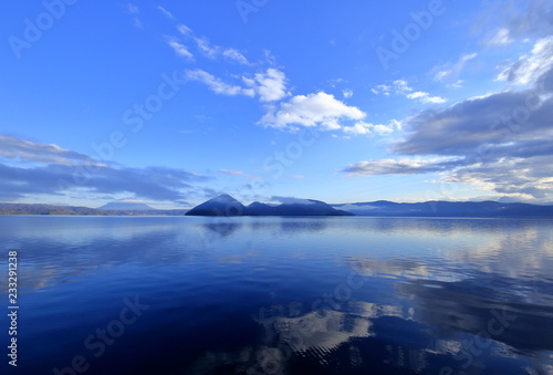                                                 Lake Toya in early morning in autumn  Hokkaido  Japan  