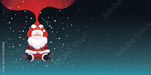 Santa Claus falling on night dark blue sky background holding red bag snow falling