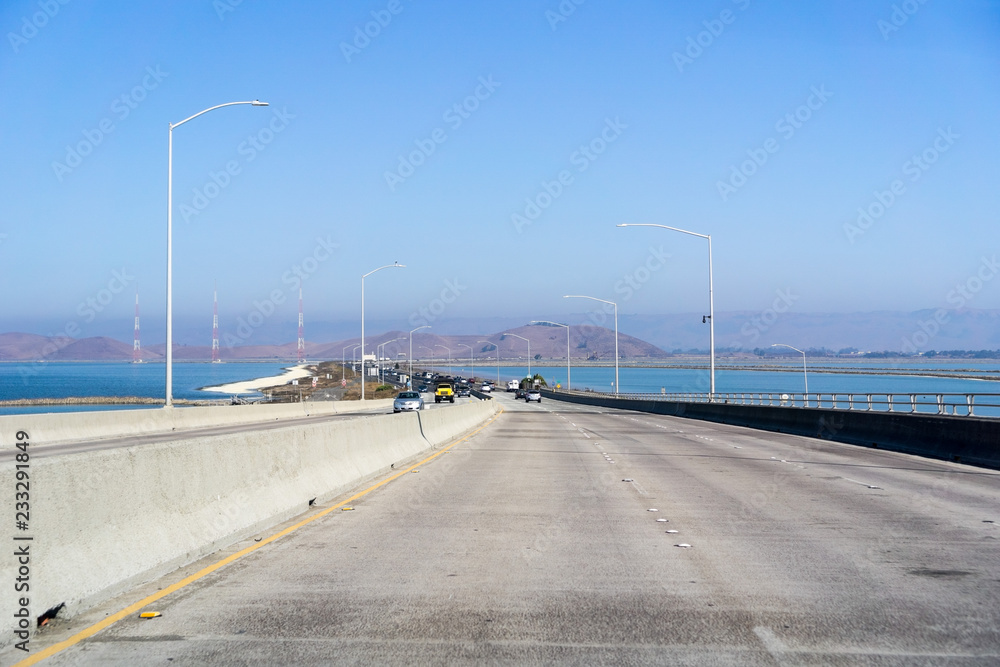 Travelling on Dumbarton bridge which connects Menlo Park to Newark, San Francisco bay area, Silicon Valley, California