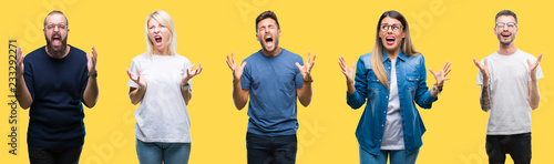 Collage of group people, women and men over colorful yellow isolated background crazy and mad shouting and yelling with aggressive expression and arms raised. Frustration concept.