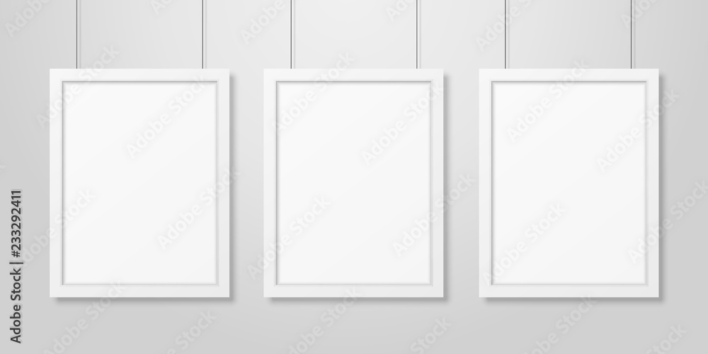 Three Vector Realistic Modern Interior White Blank Vertical A4 Wooden Poster Picture Frame Set Hanging on the Ropes on White Wall Mock-up. Empty Poster Frames Design Template for Mockup, Presentation