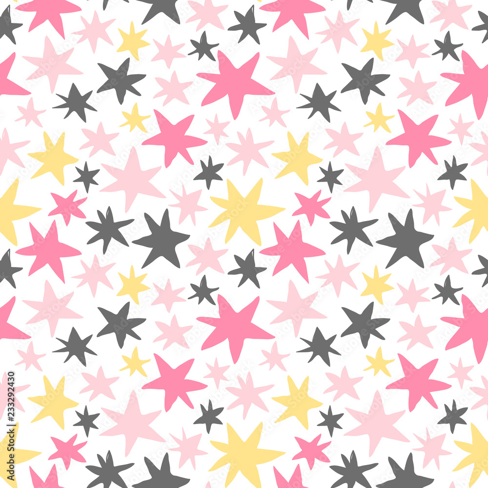 Cute vector seamless pattern with yellow, gray and pink stars on white background for baby and kid designs Cute vector seamless pattern with yellow, gray and pink stars on white background for baby and kid designs