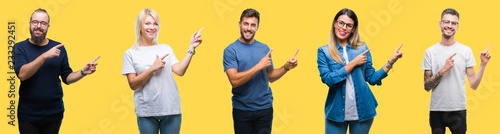 Collage of group people, women and men over colorful yellow isolated background smiling and looking at the camera pointing with two hands and fingers to the side.