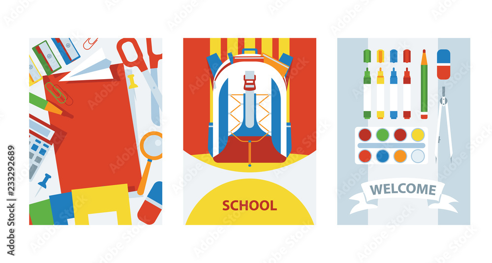 Back to school cards background with school supplies set, vector illustration. Backpack with items for studying. Art classes.Banner flyer invitation, brochure, poster. Back to school cards background with school supplies set, vector illustration. Backpack with items for studying. Art classes.Banner flyer invitation, brochure, poster.