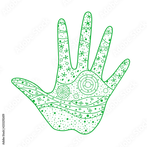 Hand on white. Abstract patterns on isolation background. Design for spiritual relaxation for adults. Zen art. Doodle for banners, posters, t-shirts and textiles