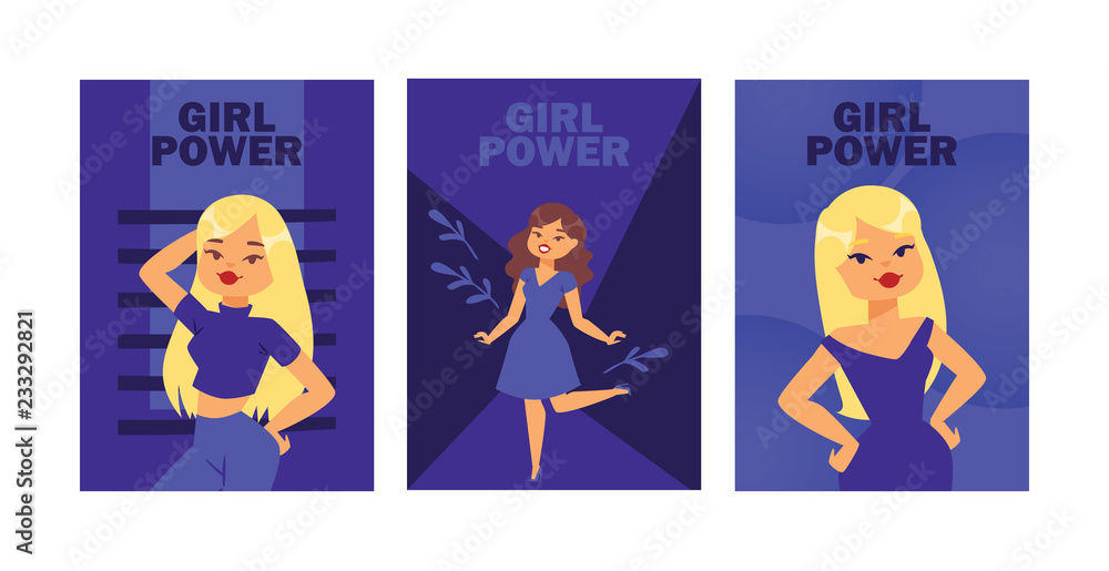Girl power cards vector illustration. Attractive girls posing as models.  Beautiful blonde, brunette women in dress, jeans and T-shirt. Lovely cartoon  female characters banner, flyer, poster. Stock Vector | Adobe Stock