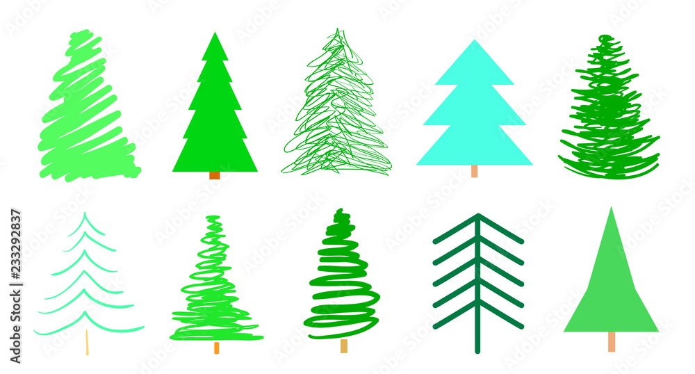 Fototapeta premium Colorful christmas trees on white. Set for icons on isolated background. Geometric art. Objects for polygraphy, posters, t-shirts and textiles