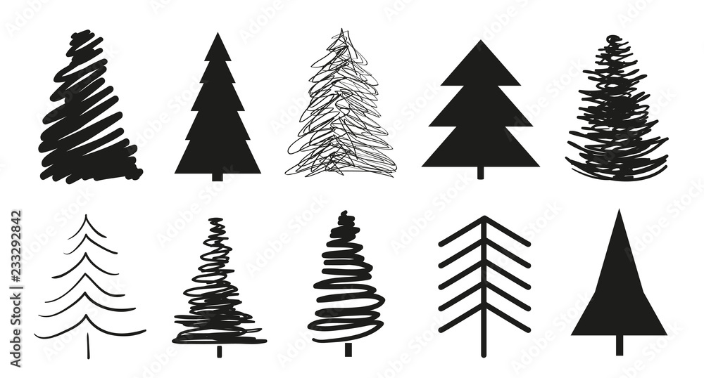 Obraz premium Christmas trees on white. Set for icons on isolated background. Geometric art. Objects for polygraphy, posters, t-shirts and textiles. Black and white illustration
