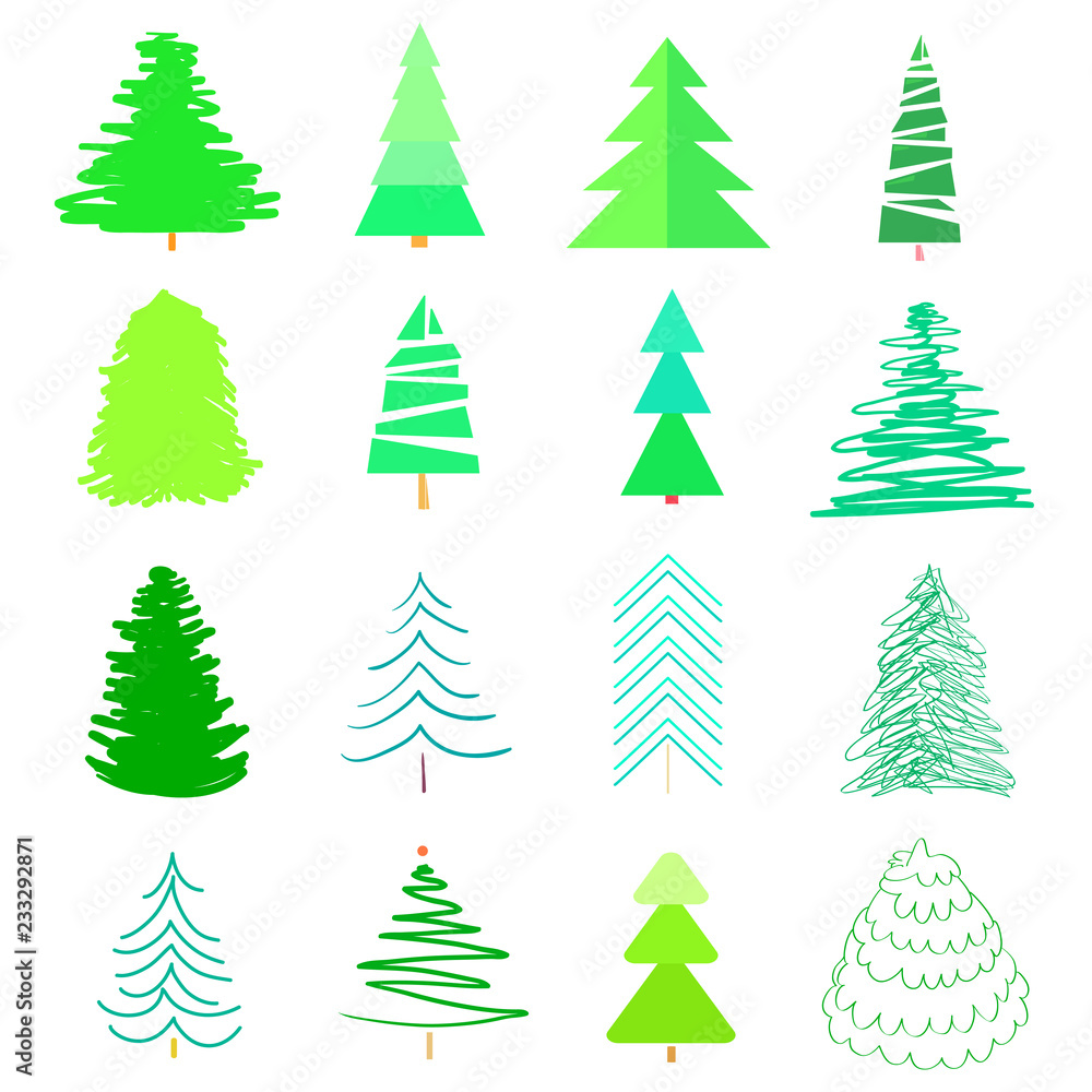 Obraz premium Colored christmas trees on white. Set for design on isolated background. Geometric art. Universal colored collection