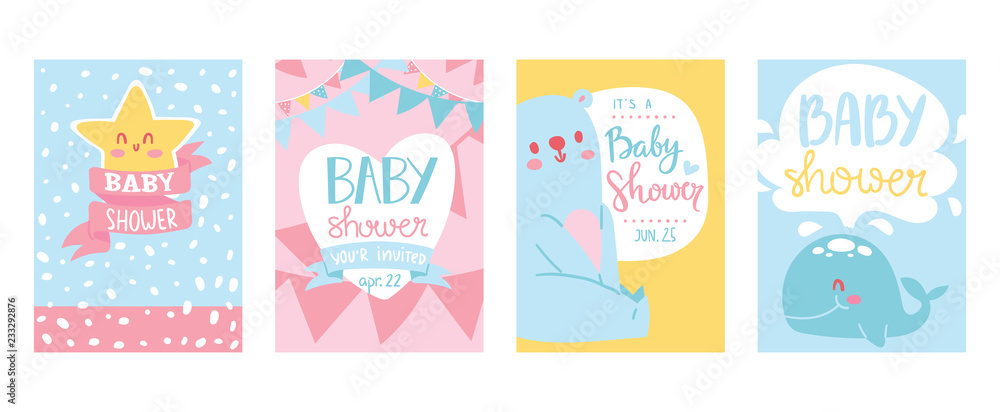 Baby shower cards vector illustration set. Cute invitation cards for newborn boy and girl party. Invitation greeting for babies. Becoming parents. Cartoon whale, star, bear.