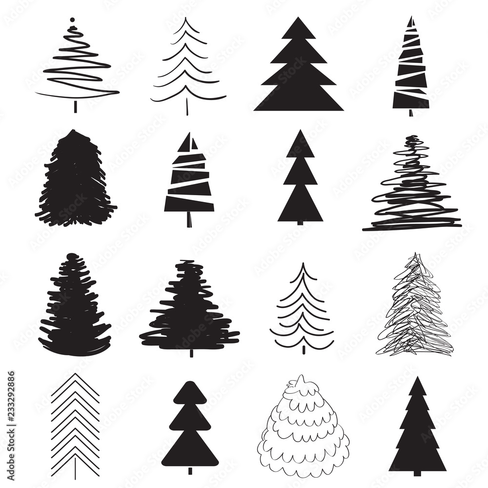 Obraz premium Christmas trees on white. Set for icons on isolated background. Geometric art. Objects for polygraphy, posters, t-shirts and textiles. Black and white illustration