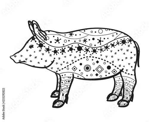 Pig on white. Hand drawn animal with intricate patterns on isolated background. Design for spiritual relaxation for adults. Image for banners  flyers and textiles. Zen art. Zentangle