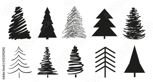 Christmas trees on white. Set for icons on isolated background. Geometric art. Objects for polygraphy, posters, t-shirts and textiles. Black and white illustration