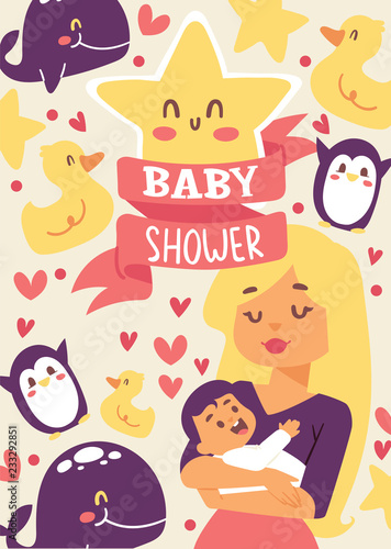 Baby shower vector illustration. Mother holding her little baby. Smiling mom with cheerful kid. Cute duck  star  whale penguin. Banner  poster  invitations greeting card.