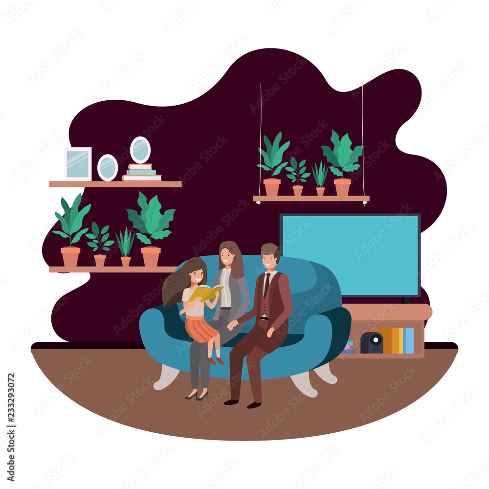 Fototapeta premium parents couple with daugether sitting in livingroom