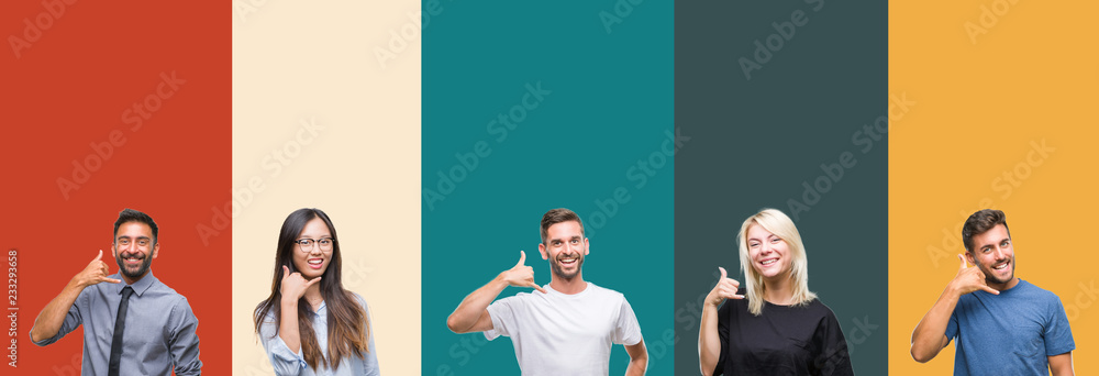 Obraz premium Collage of different ethnics young people over colorful stripes isolated background smiling doing phone gesture with hand and fingers like talking on the telephone. Communicating concepts.