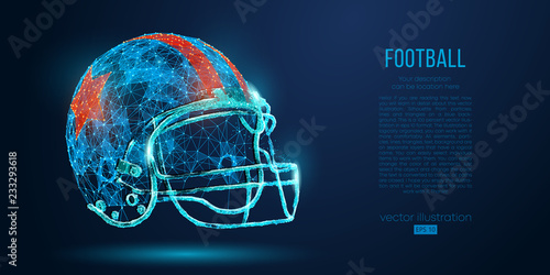 Abstract American football helmet from particles, lines and triangles on blue background. Rugby. All elements on a separate layers, color can be changed to any other in one click. Vector illustration