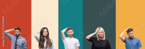 Collage of different ethnics young people over colorful stripes isolated background confuse and wonder about question. Uncertain with doubt, thinking with hand on head. Pensive concept.
