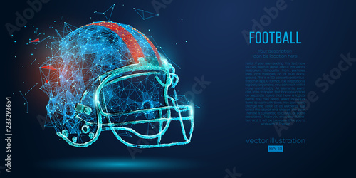 Abstract American football helmet from particles, lines and triangles on blue background. Rugby. All elements on a separate layers, color can be changed to any other in one click. Vector illustration